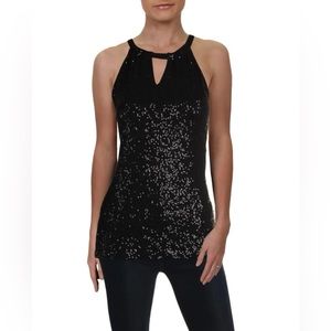 NWT INC Sequined black fitted halter‎ top size small